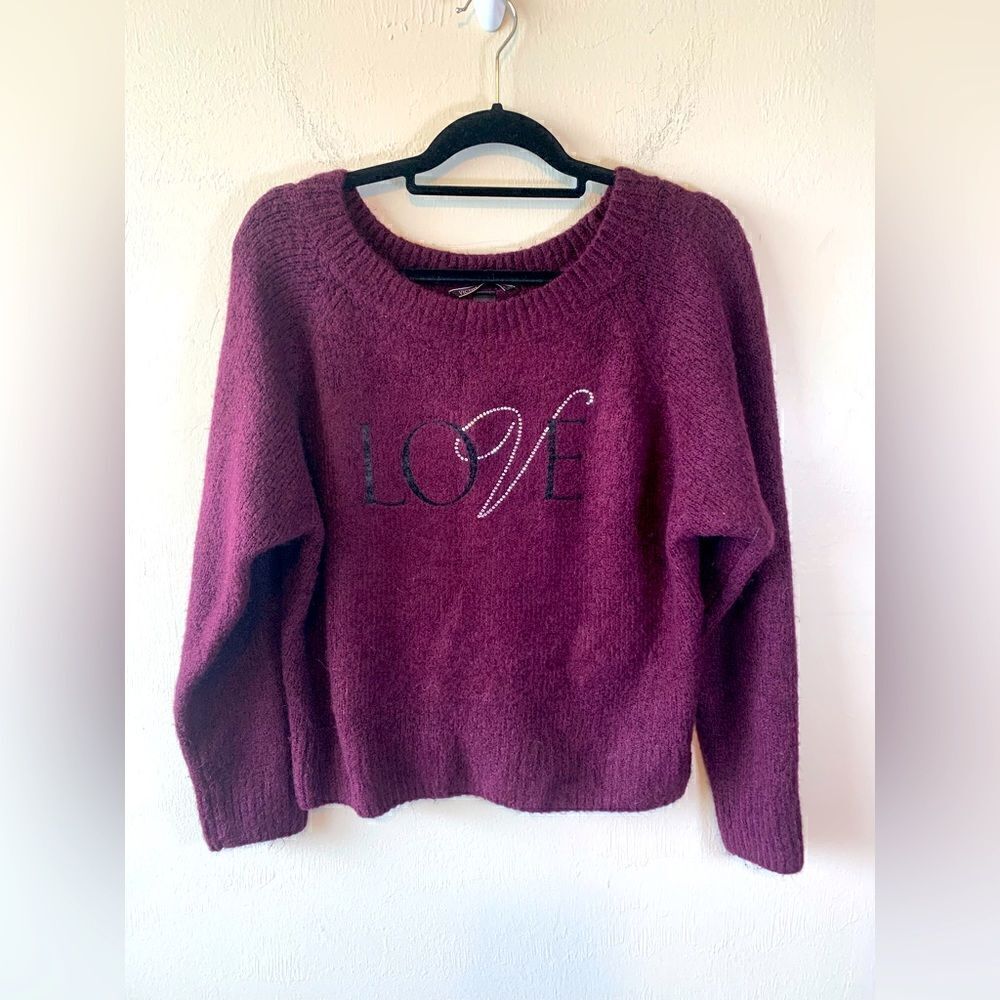 Victoria’s Secret Purple fuzzy “love” rhinestone sweater size M‎